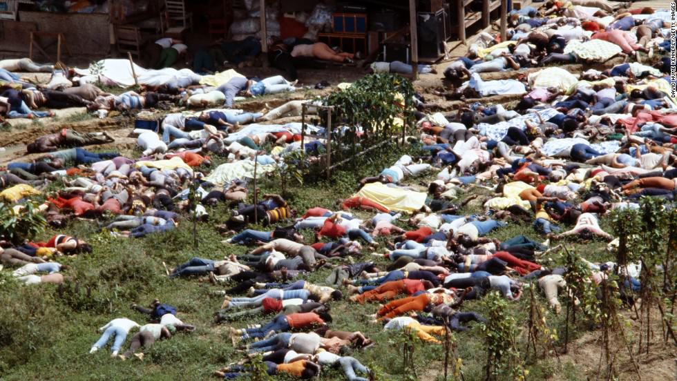 JONESTOWN, GUYANA - NOVEMBER 18: (NO U.S. TABLOID SALES) Dead bodies lie around the compound of the People's Temple cult November 18, 1978 after the over 900 members of the cult, led by Reverend Jim Jones, died from drinking cyanide-laced Kool Aid; they were victims of the largest mass suicide in modern history. (Photo by David Hume Kennerly/Getty Images)