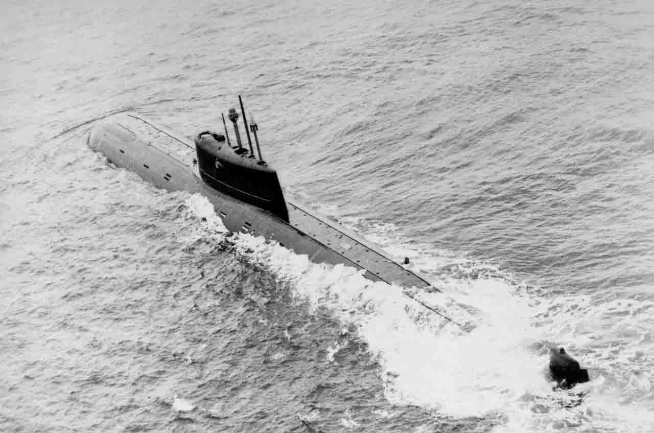 An aerial port quarter view of a Soviet Mike class nuclear-powered attack submarine underway.
